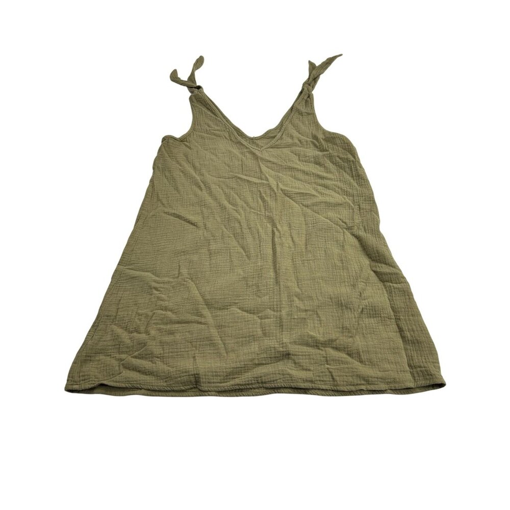 Olive Green Sleeveless Tie-Strap Top Size L Lightweight 100% Cotton Textured Fab